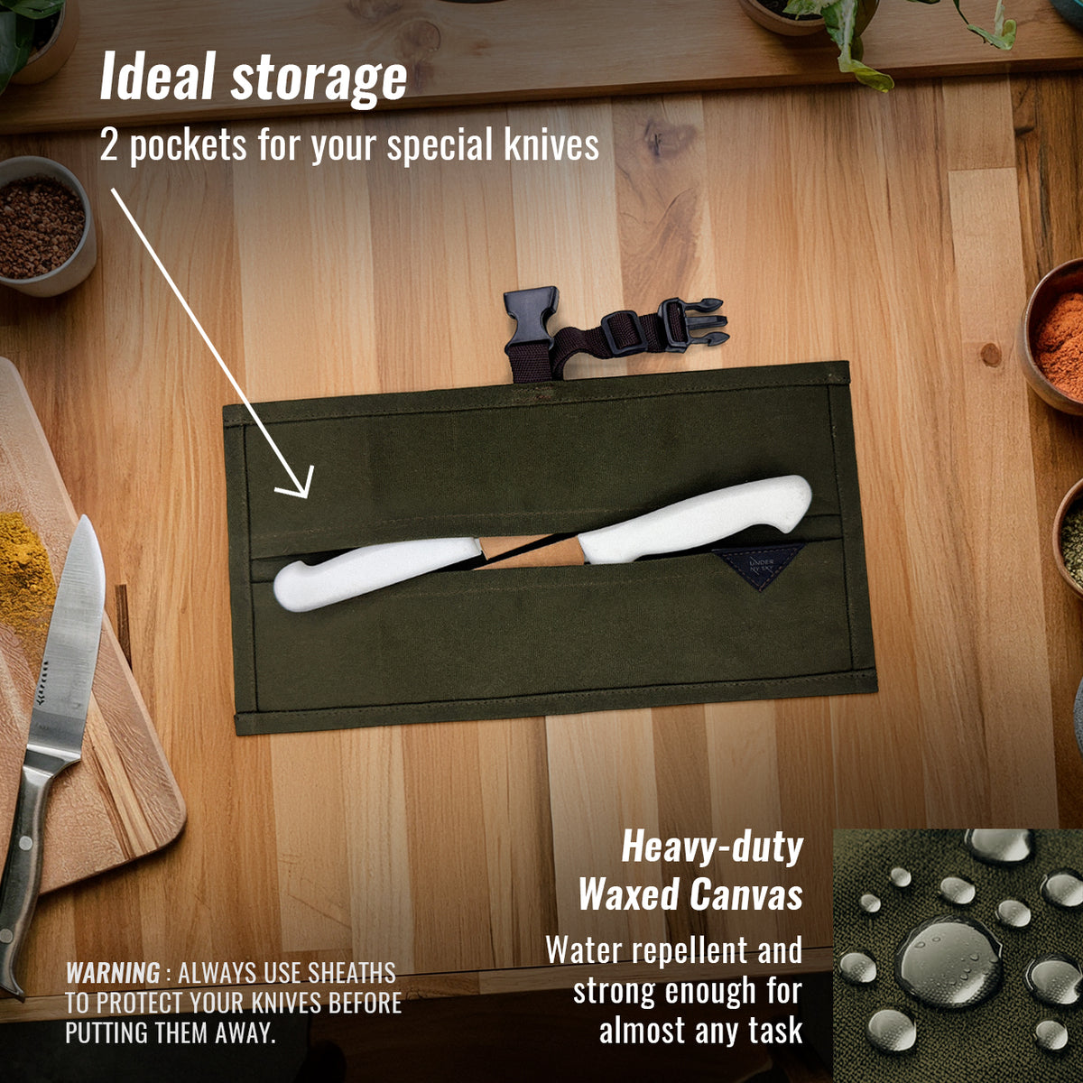 Estojo Porta Facas - 1, 2, 3, 4 ou 6 Bolsos - Bolsa Portátil em Lona Parafinada para Ferramentas de Cozinha, Utensílios, Case Rolo para Facas - Chefs, Grill, Churrasco -  Under NY Sky