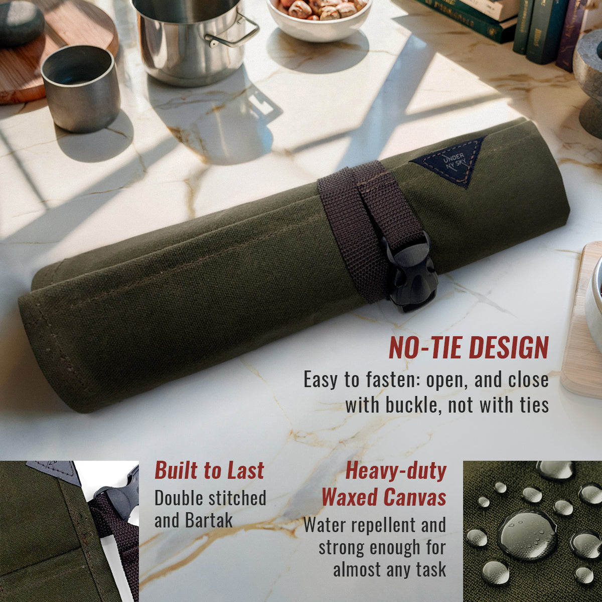 Estojo Porta Facas - 1, 2, 3, 4 ou 6 Bolsos - Bolsa Portátil em Lona Parafinada para Ferramentas de Cozinha, Utensílios, Case Rolo para Facas - Chefs, Grill, Churrasco -  Under NY Sky