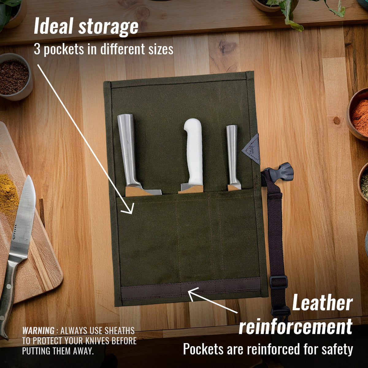 Estojo Porta Facas - 1, 2, 3, 4 ou 6 Bolsos - Bolsa Portátil em Lona Parafinada para Ferramentas de Cozinha, Utensílios, Case Rolo para Facas - Chefs, Grill, Churrasco -  Under NY Sky