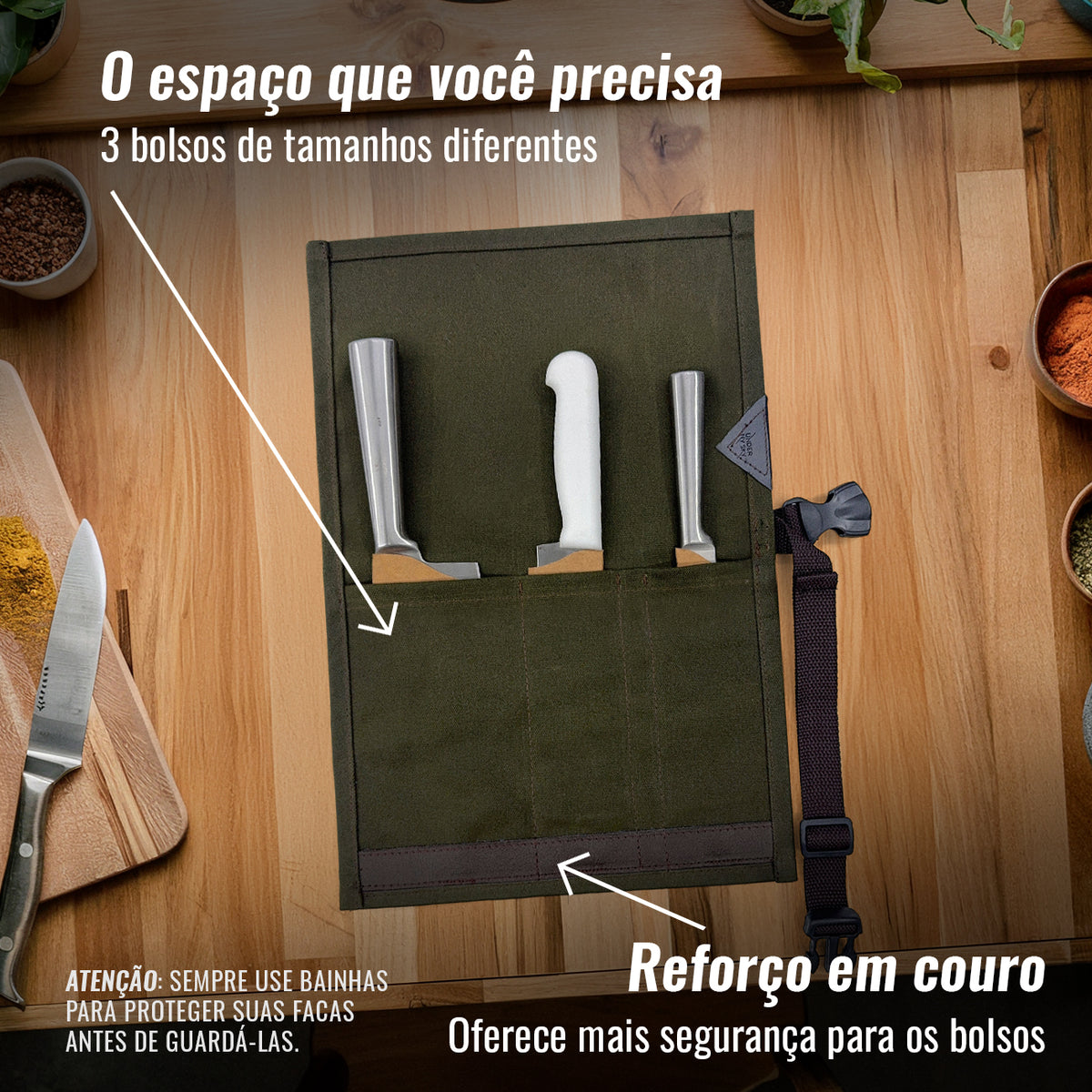 Estojo Porta Facas - 1, 2, 3, 4 ou 6 Bolsos - Bolsa Portátil em Lona Parafinada para Ferramentas de Cozinha, Utensílios, Case Rolo para Facas - Chefs, Grill, Churrasco -  Under NY Sky