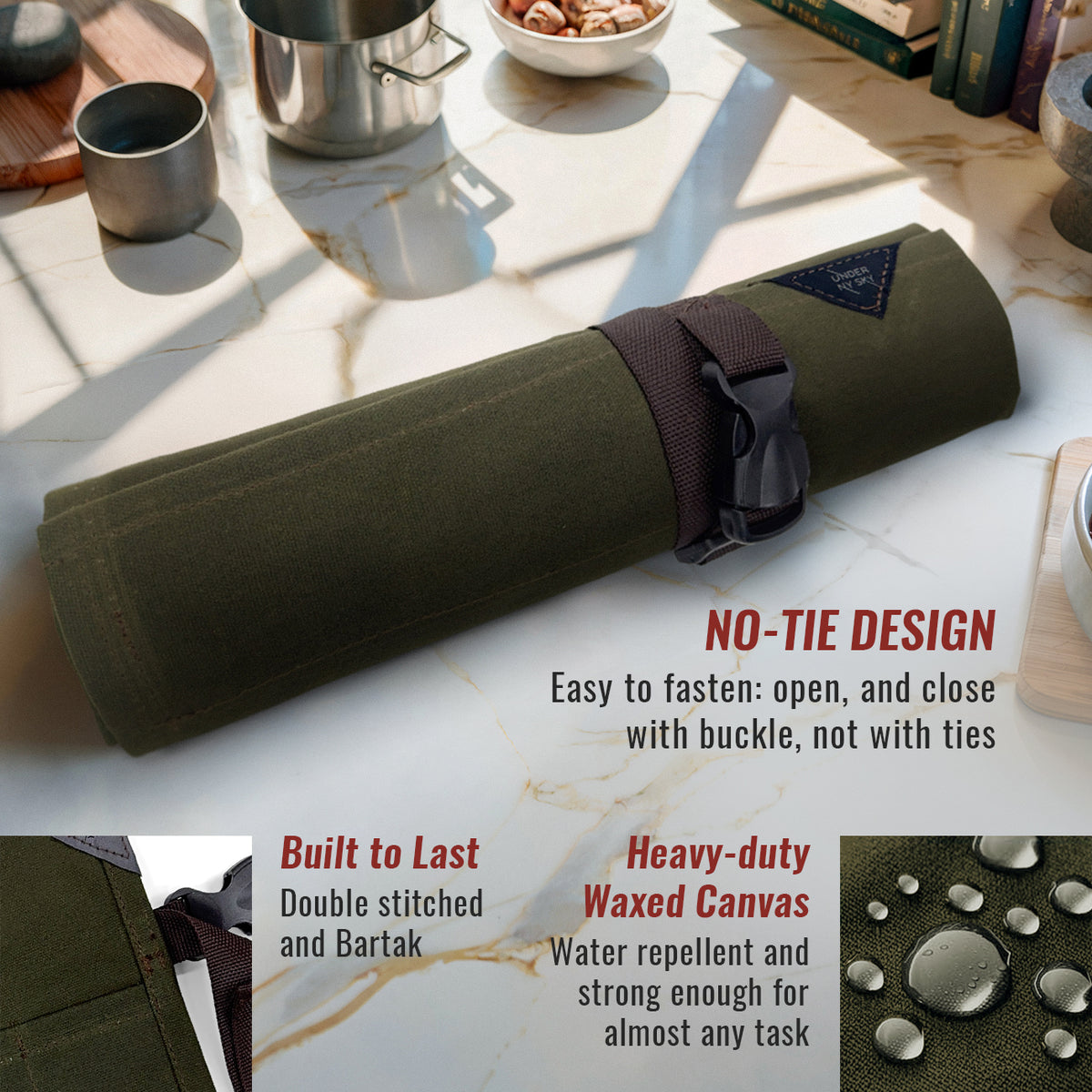 Estojo Porta Facas - 1, 2, 3, 4 ou 6 Bolsos - Bolsa Portátil em Lona Parafinada para Ferramentas de Cozinha, Utensílios, Case Rolo para Facas - Chefs, Grill, Churrasco -  Under NY Sky