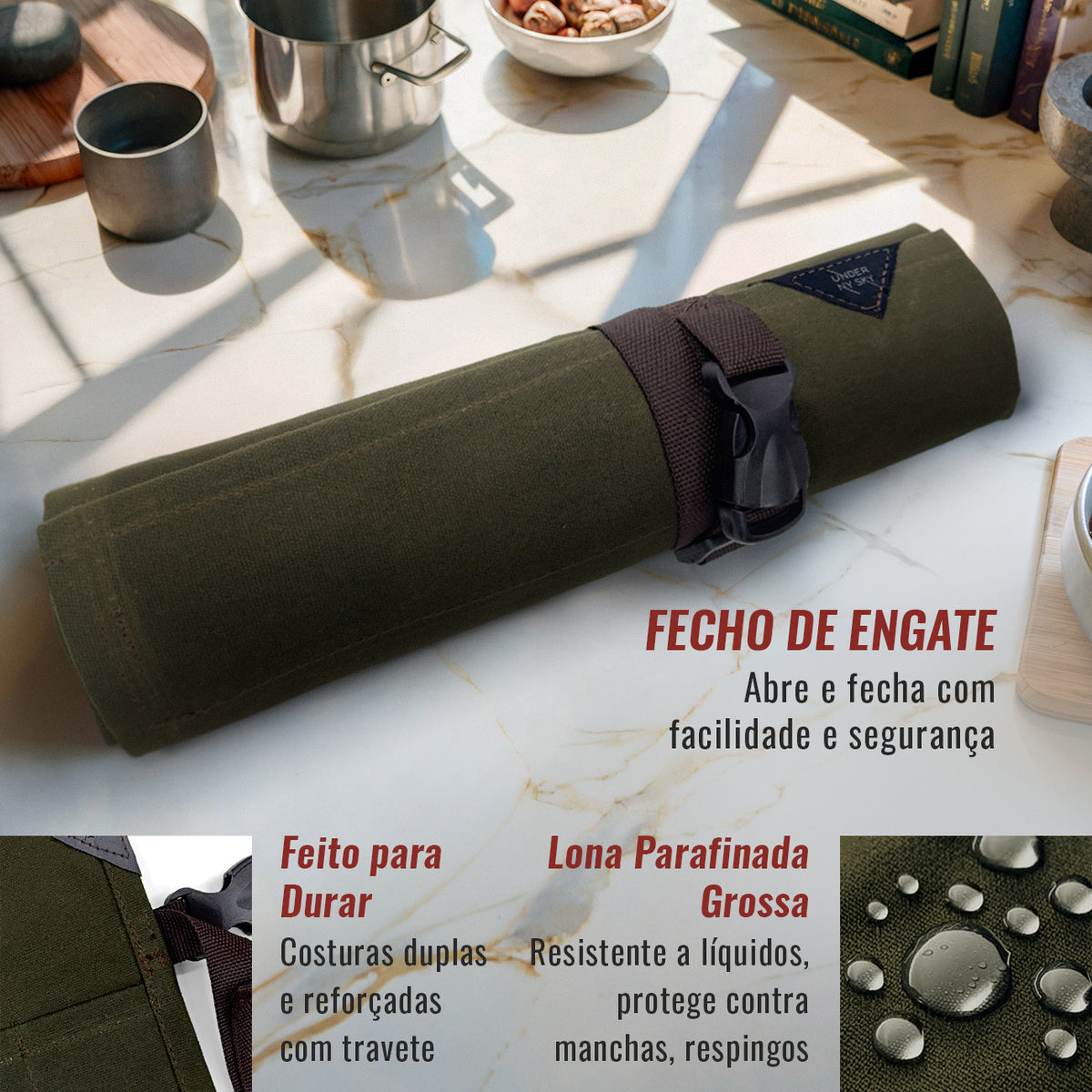 Estojo Porta Facas - 1, 2, 3, 4 ou 6 Bolsos - Bolsa Portátil em Lona Parafinada para Ferramentas de Cozinha, Utensílios, Case Rolo para Facas - Chefs, Grill, Churrasco -  Under NY Sky
