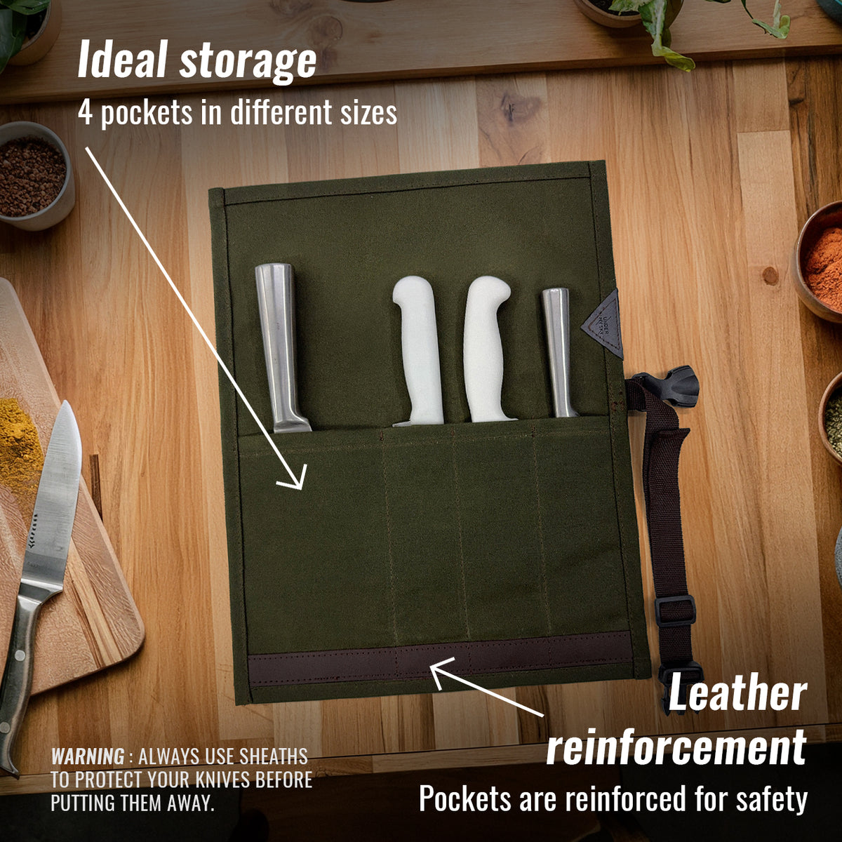 Estojo Porta Facas - 1, 2, 3, 4 ou 6 Bolsos - Bolsa Portátil em Lona Parafinada para Ferramentas de Cozinha, Utensílios, Case Rolo para Facas - Chefs, Grill, Churrasco -  Under NY Sky