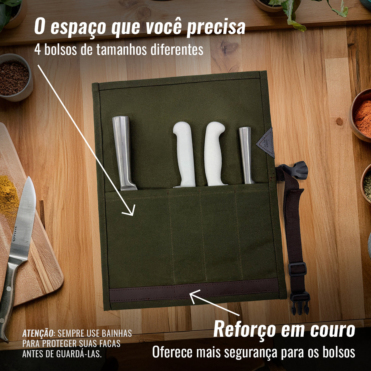 Estojo Porta Facas - 1, 2, 3, 4 ou 6 Bolsos - Bolsa Portátil em Lona Parafinada para Ferramentas de Cozinha, Utensílios, Case Rolo para Facas - Chefs, Grill, Churrasco -  Under NY Sky