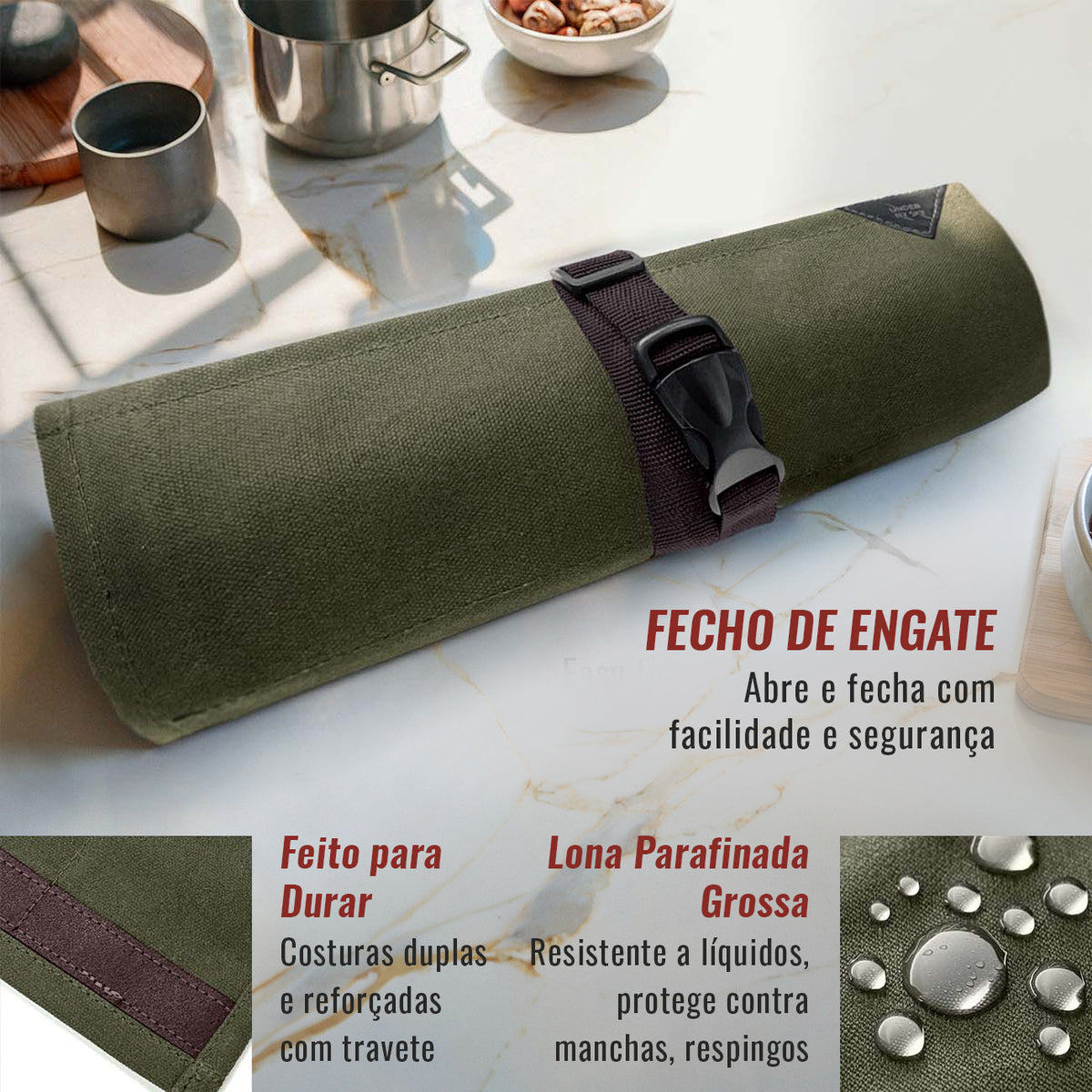 Estojo Porta Facas - 1, 2, 3, 4 ou 6 Bolsos - Bolsa Portátil em Lona Parafinada para Ferramentas de Cozinha, Utensílios, Case Rolo para Facas - Chefs, Grill, Churrasco -  Under NY Sky