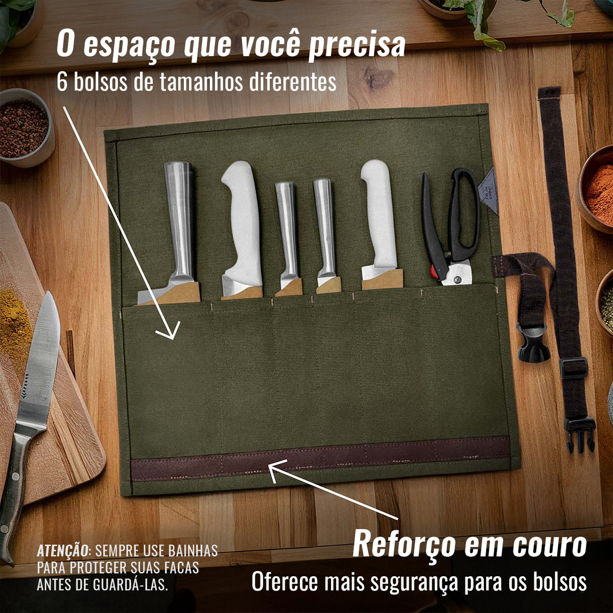 Estojo Porta Facas - 1, 2, 3, 4 ou 6 Bolsos - Bolsa Portátil em Lona Parafinada para Ferramentas de Cozinha, Utensílios, Case Rolo para Facas - Chefs, Grill, Churrasco -  Under NY Sky