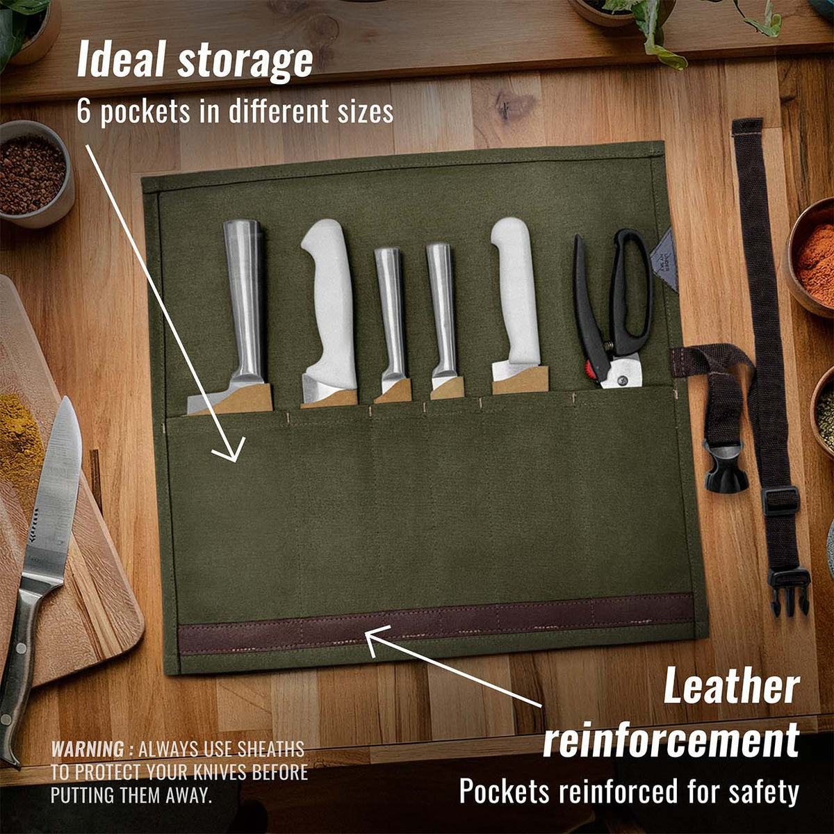 Estojo Porta Facas - 1, 2, 3, 4 ou 6 Bolsos - Bolsa Portátil em Lona Parafinada para Ferramentas de Cozinha, Utensílios, Case Rolo para Facas - Chefs, Grill, Churrasco -  Under NY Sky