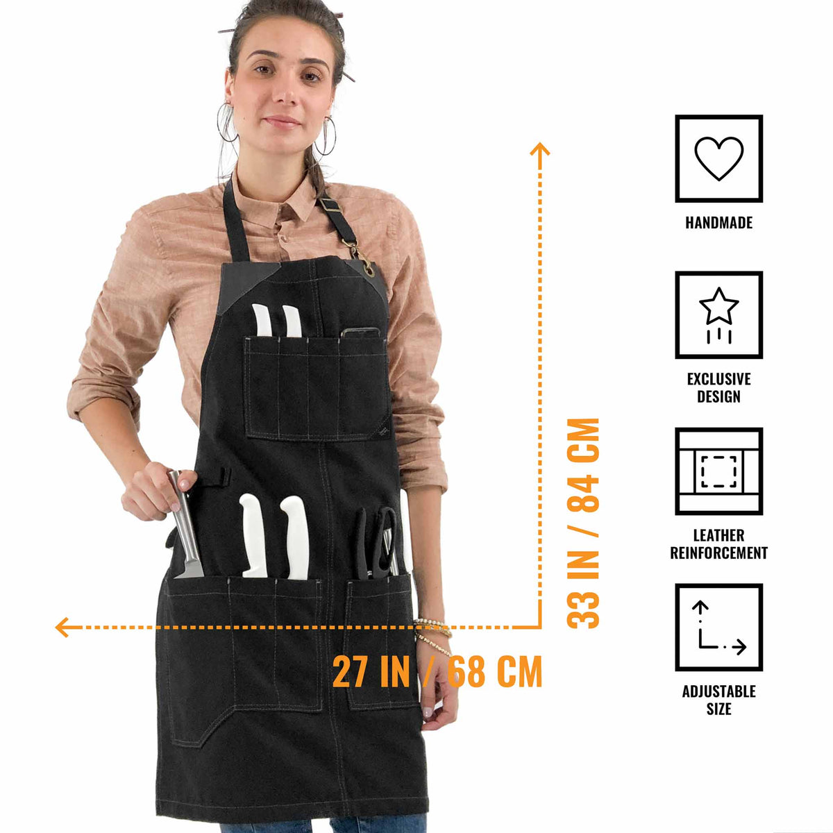 Utility Apron - Heavy-Duty Canvas, Folds into Knife Roll, Leather Trim - Chef, BBQ, Butcher - Under NY Sky 