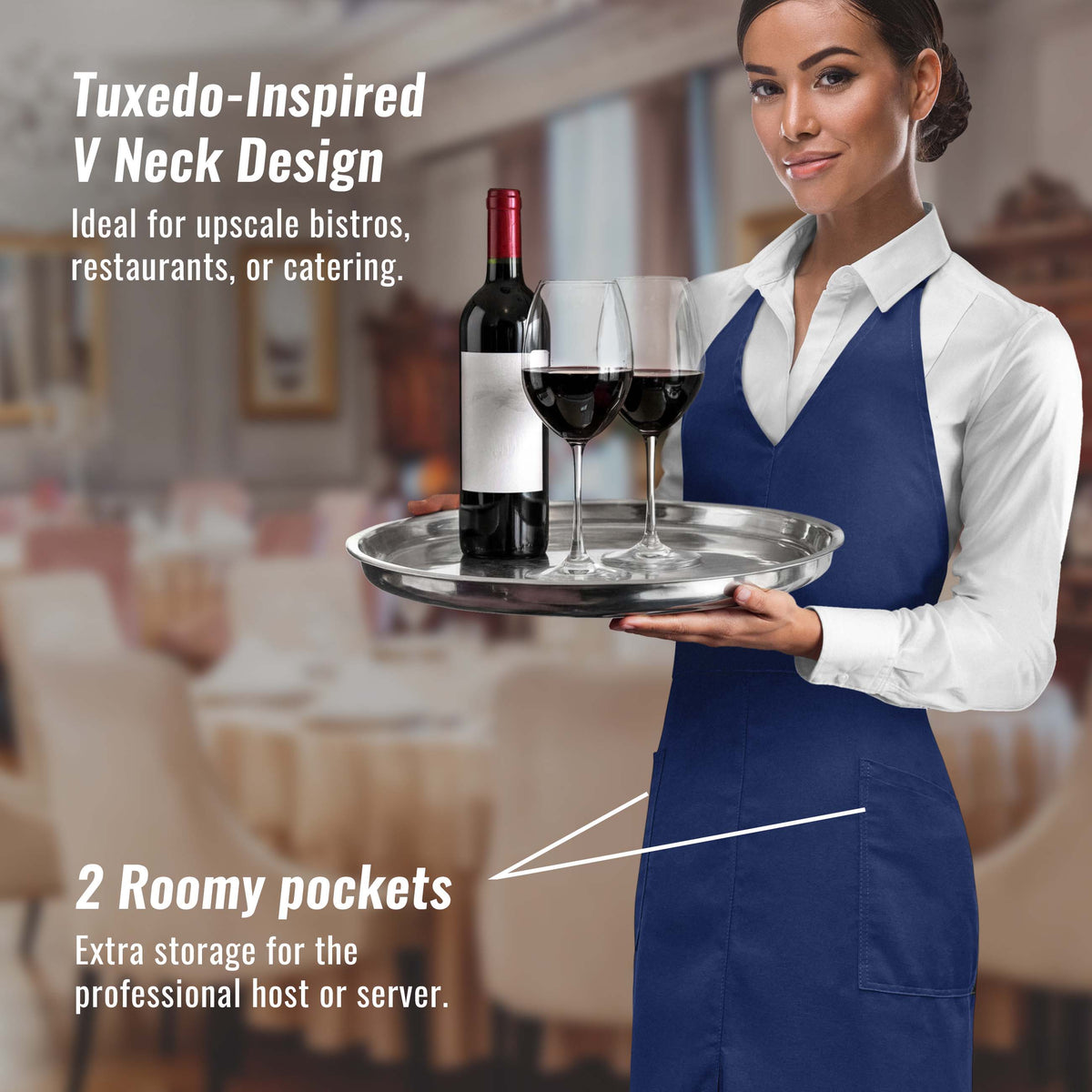 V Neck Long Apron Tuxedo Style - Front Slit, 2 Pockets - Server, Waiter, Chef, Bistrot, Restaurant -  Under NY Sky