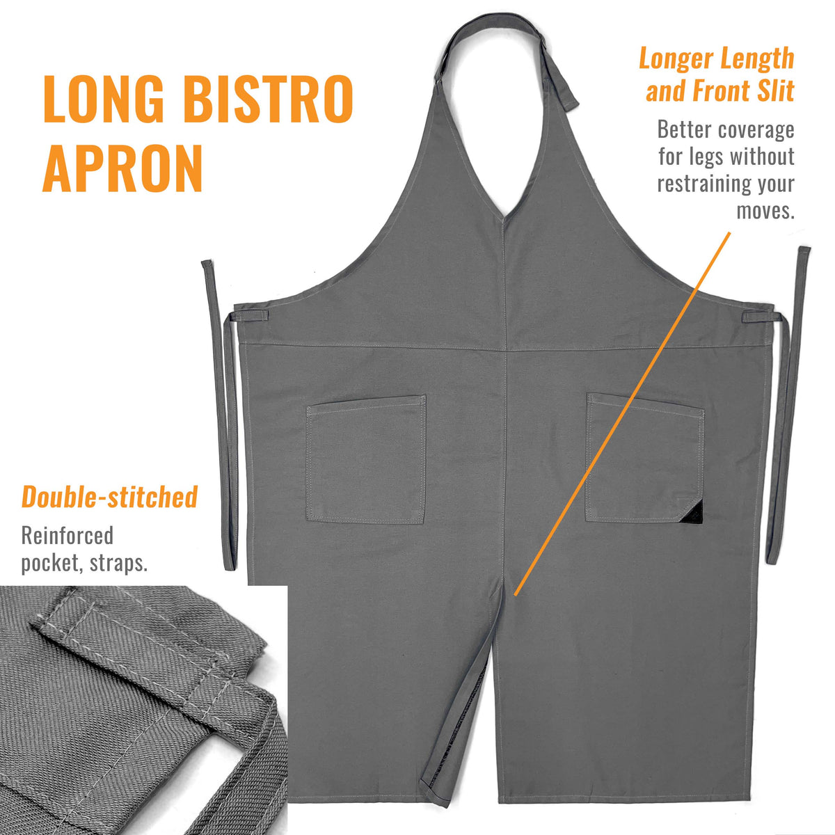 V Neck Long Apron Tuxedo Style - Front Slit, 2 Pockets - Server, Waiter, Chef, Bistrot, Restaurant -  Under NY Sky