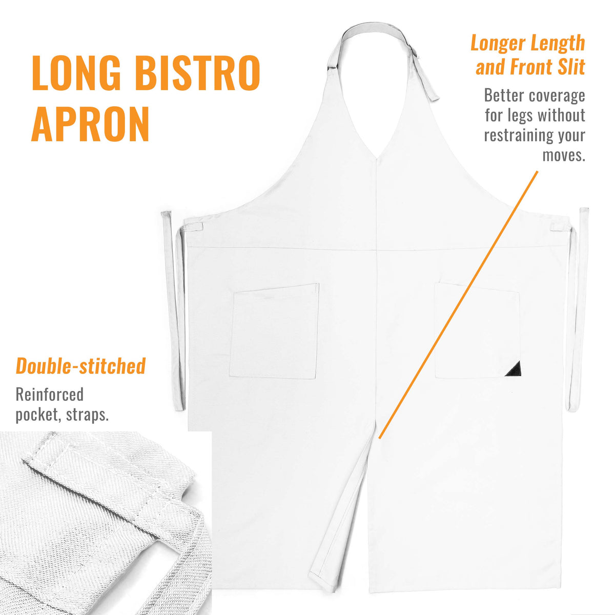 V Neck Long Apron Tuxedo Style - Front Slit, 2 Pockets - Server, Waiter, Chef, Bistrot, Restaurant -  Under NY Sky