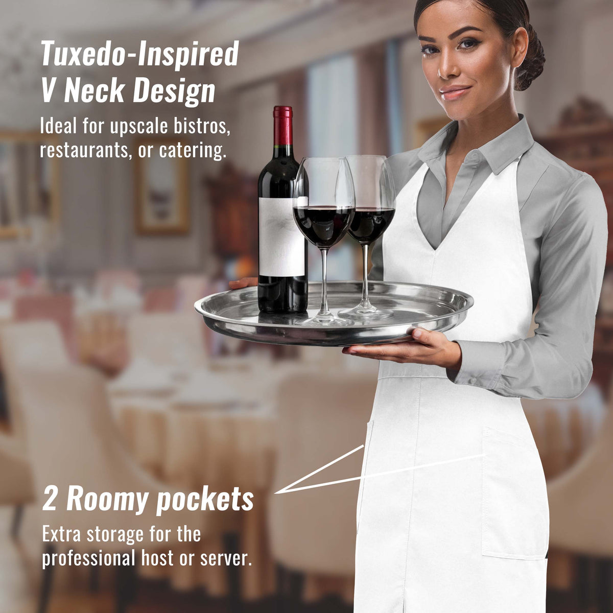 V Neck Long Apron Tuxedo Style - Front Slit, 2 Pockets - Server, Waiter, Chef, Bistrot, Restaurant -  Under NY Sky