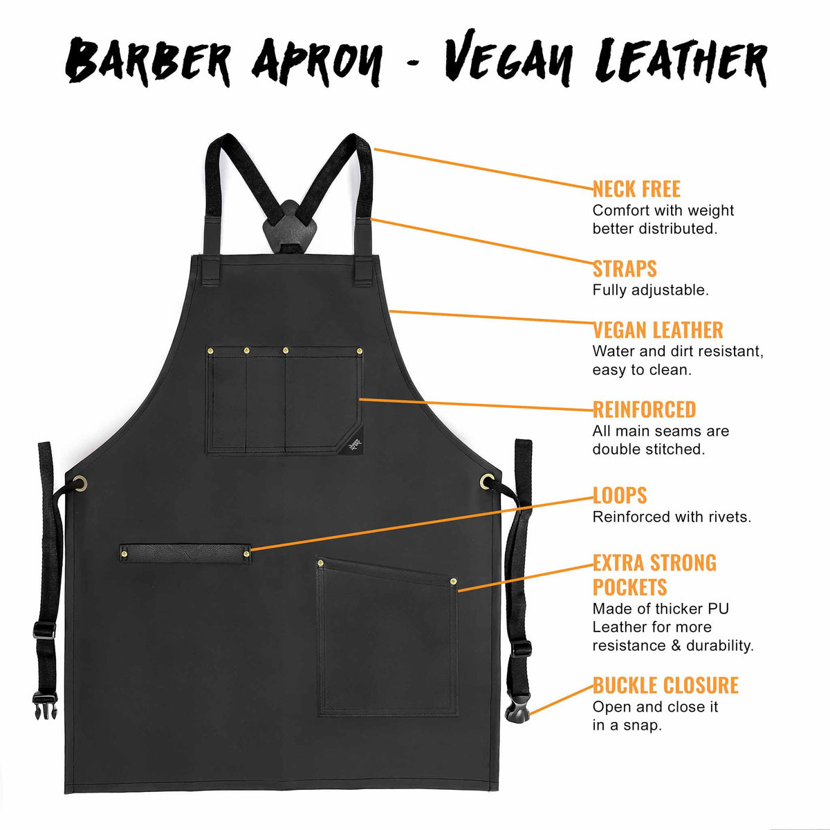 Leather Apron, Cross-back Straps, Reinforced, for Barbers - Vegan Leather - Black or Brown -  Under NY Sky