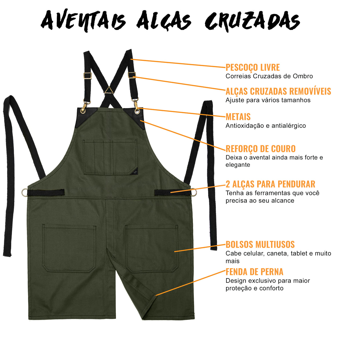 Aventais para Chef – Alças Cruzadas, Acabamento em Couro, Fenda de Perna – Chef, Bartender, Churrasco, Loja, Barbeiro, Salão - Under NY Sky