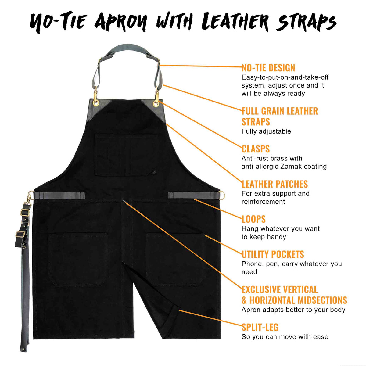 Leather Straps Apron - Twill - Easy-Fastening No-Tie - Chef, Bartender, Shop, Barista  -  Under NY Sky