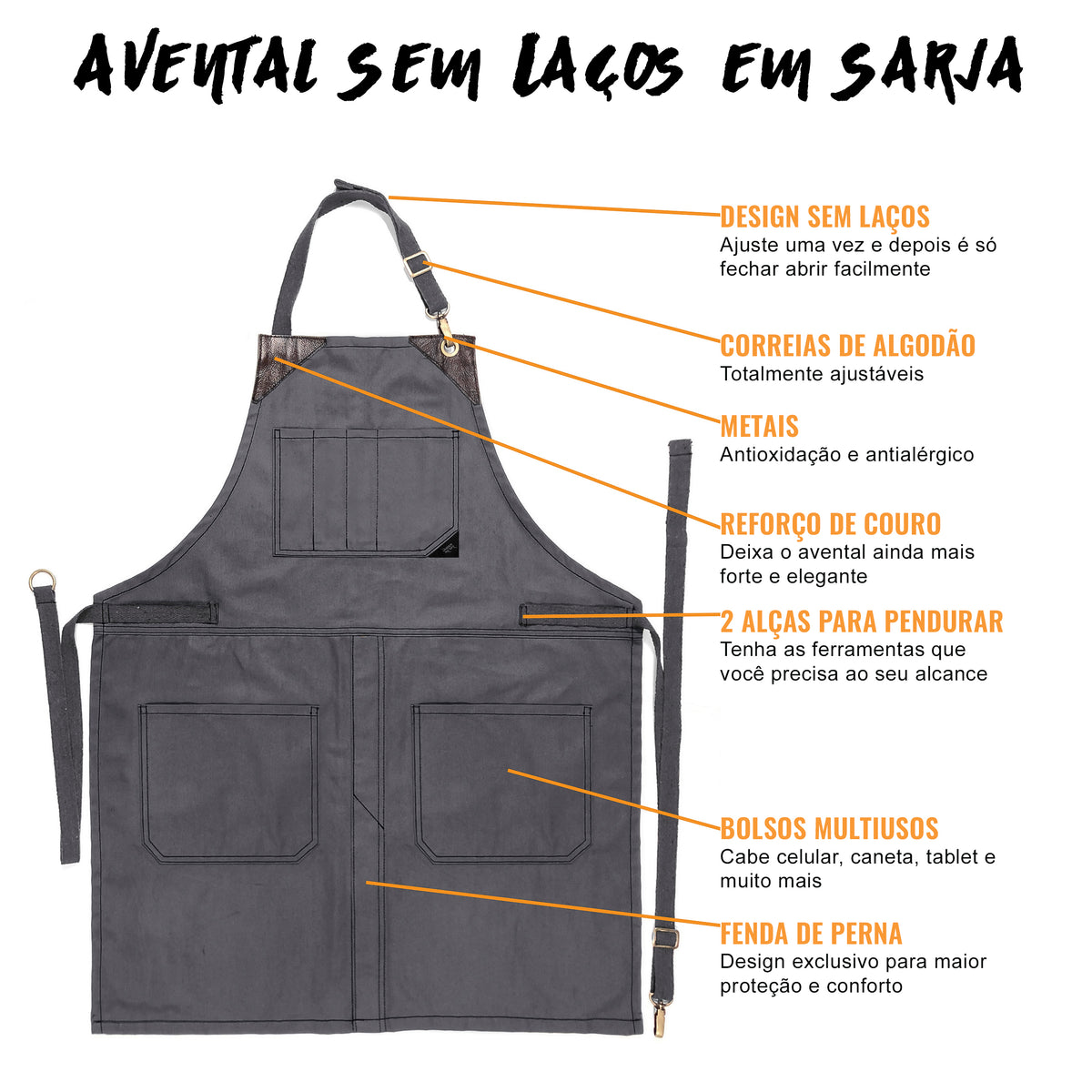 Avental para Chef - Em Sarja, Sem Laços, Acabamento em Couro, Fenda na Perna - Barman, Barista, Churrasqueiro, Comércio -  Under NY Sky