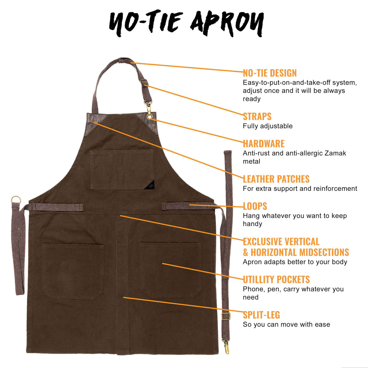 Chef Apron - Twill, No-Tie, Leather Trim, Split - Chef, Bartender, Barista, Grill, Shop - Under NY Sky