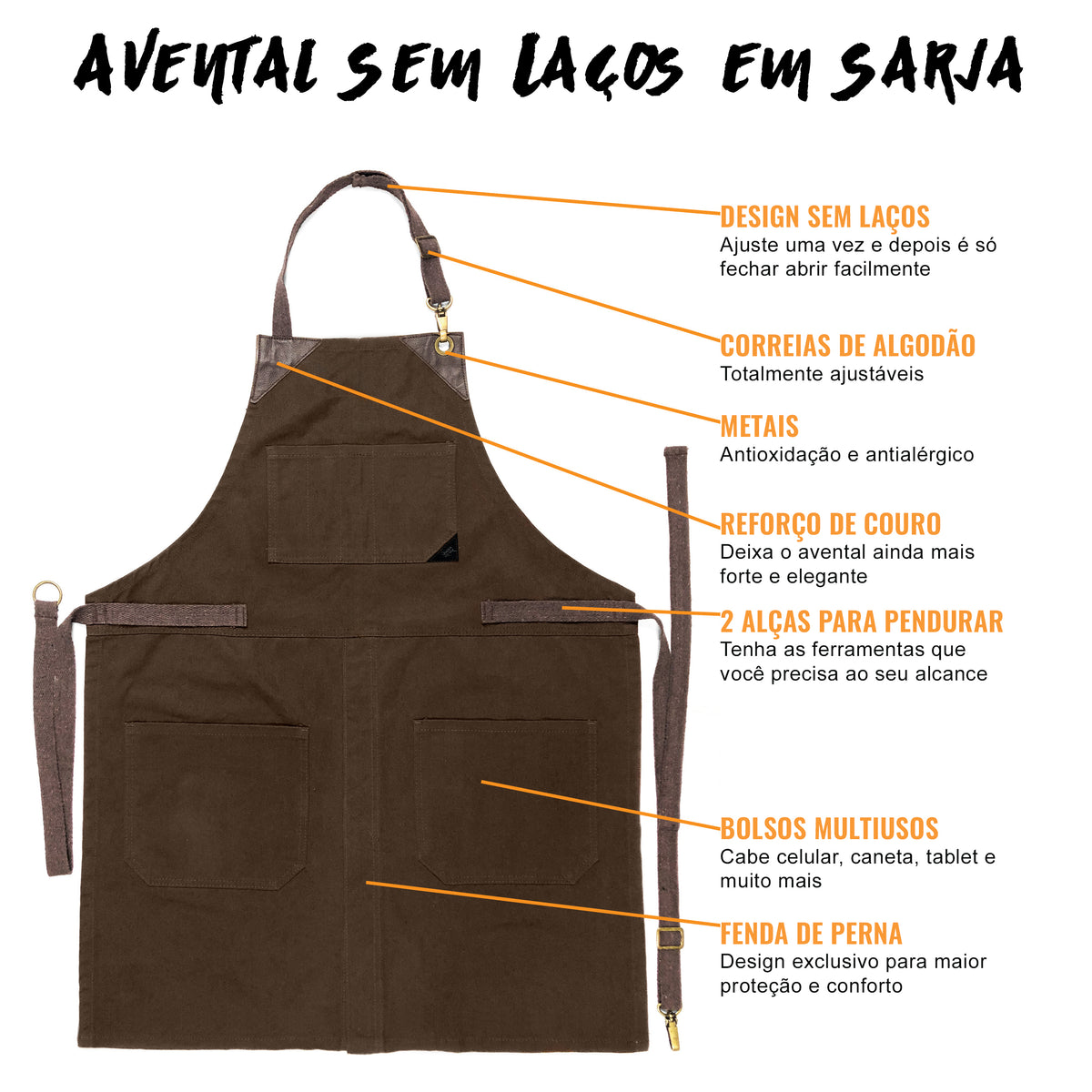 Avental para Chef - Em Sarja, Sem Laços, Acabamento em Couro, Fenda na Perna - Barman, Barista, Churrasqueiro, Comércio -  Under NY Sky