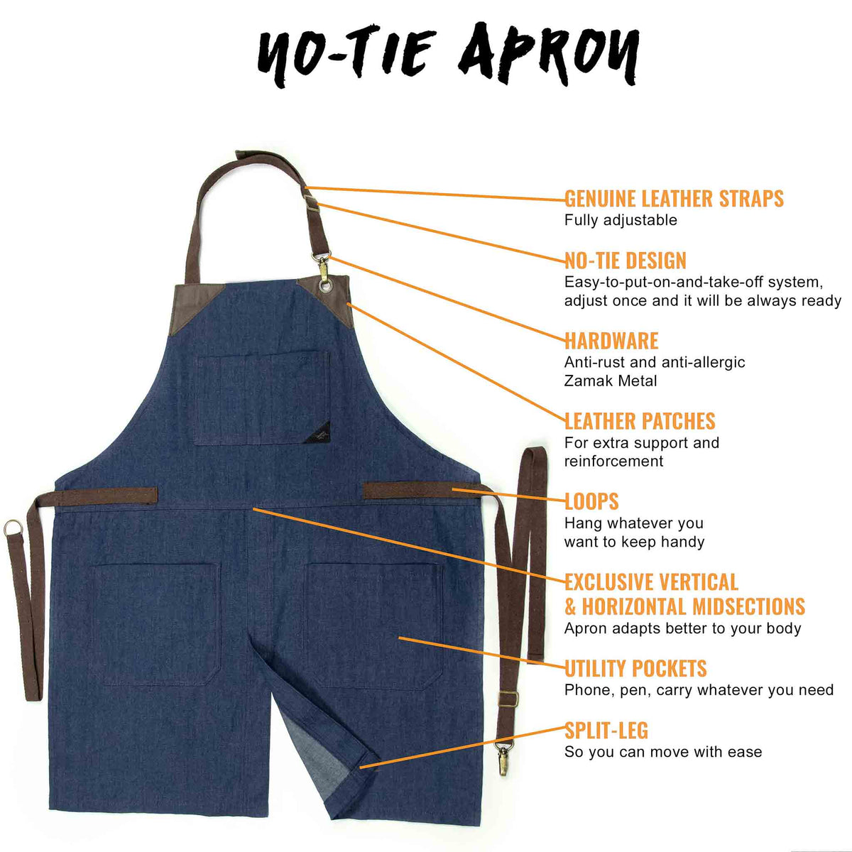 Denim Apron - Easy-Fastening, Leather Trim, Adjustable - Chef, Bartender, BBQ, Shop, Barber, Salon - Under NY Sky