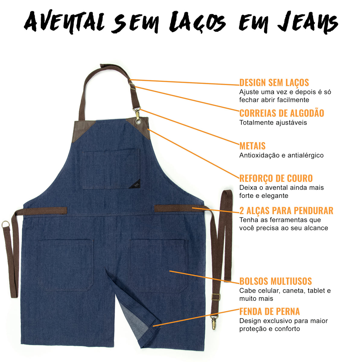 Avental Jeans - Sem Laço, Acabamento em Couro, Fenda na Perna- Chef, Bartender, Churrasco, Loja, Barbeiro, Salão - Under NY Sky