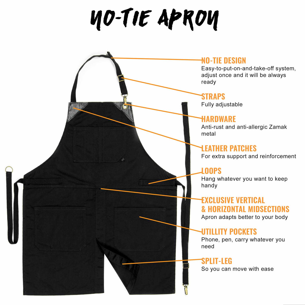 Chef Apron - Twill, No-Tie, Leather Trim, Split - Chef, Bartender, Barista, Grill, Shop - Under NY Sky