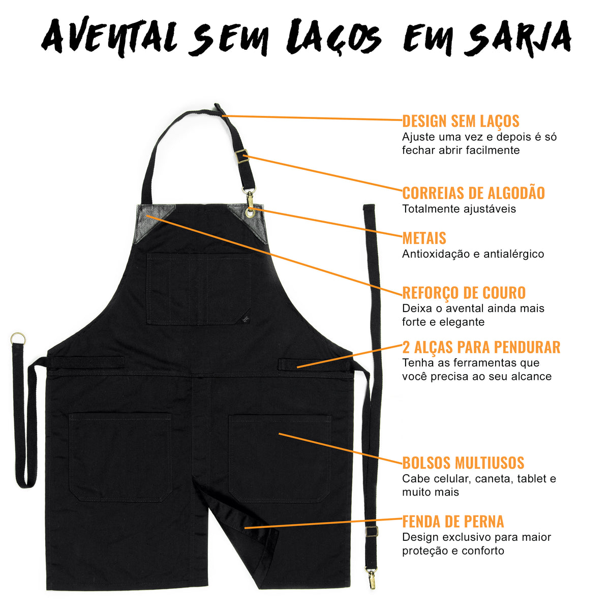 Avental para Chef - Em Sarja, Sem Laços, Acabamento em Couro, Fenda na Perna - Barman, Barista, Churrasqueiro, Comércio -  Under NY Sky