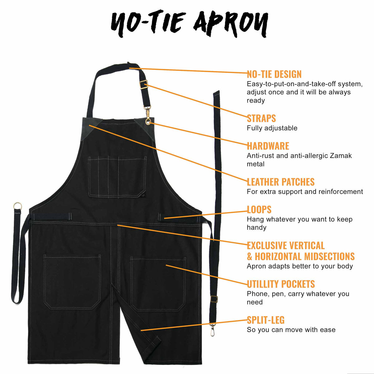 Chef Apron - Twill, No-Tie, Leather Trim, Split - Chef, Bartender, Barista, Grill, Shop - Under NY Sky