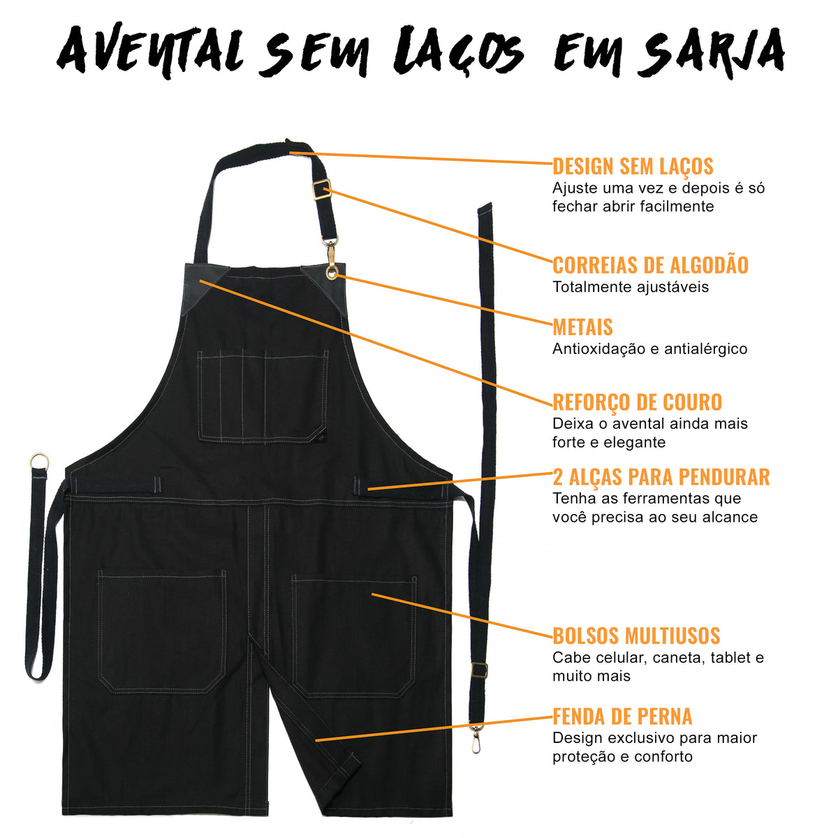 Avental para Chef - Em Sarja, Sem Laços, Acabamento em Couro, Fenda na Perna - Barman, Barista, Churrasqueiro, Comércio -  Under NY Sky