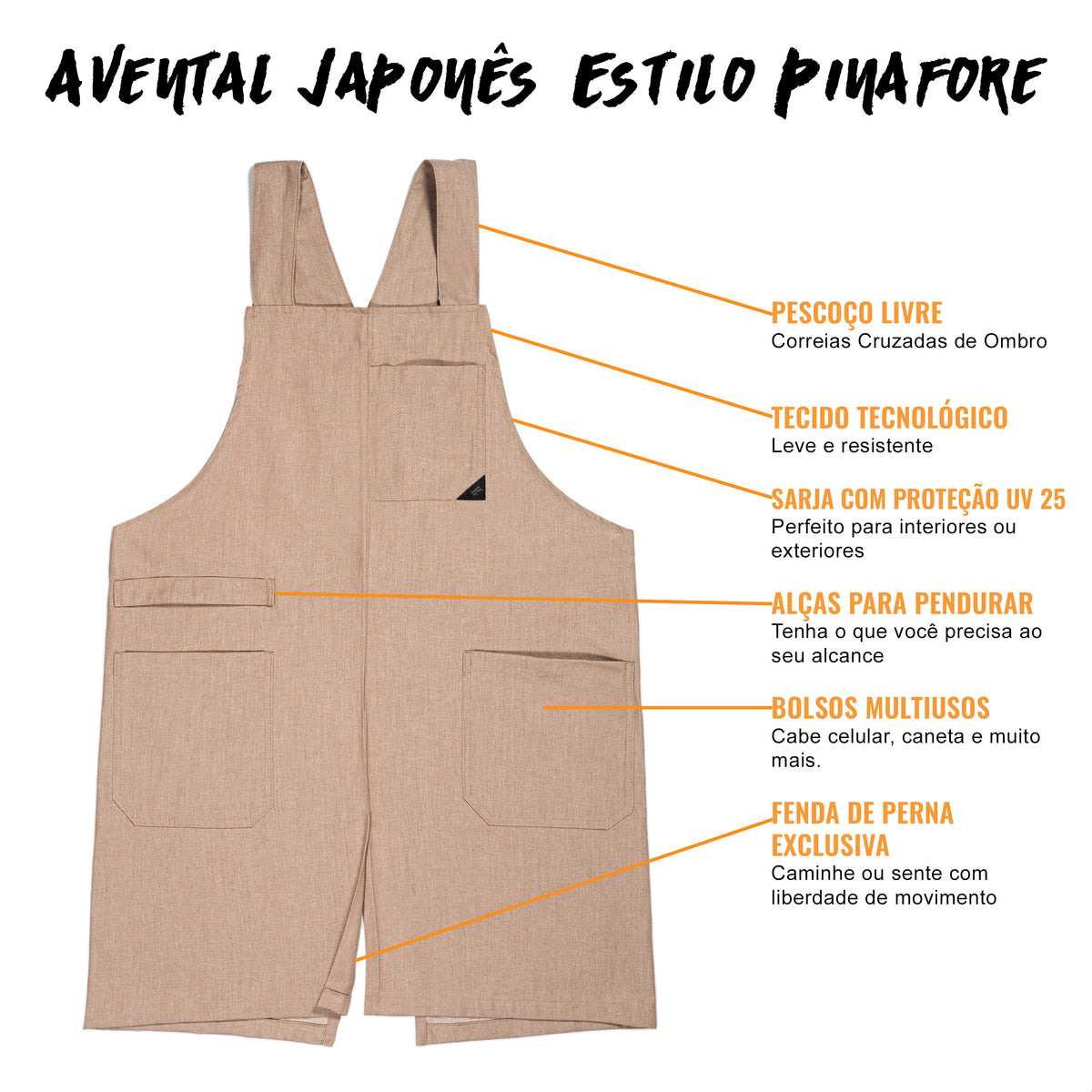 Avental Estilo Japonês - Alças Cruzadas, 3 bolsos, Sem Laços - Cozinha, Jardim, Escola, Arte -  Under NY Sky