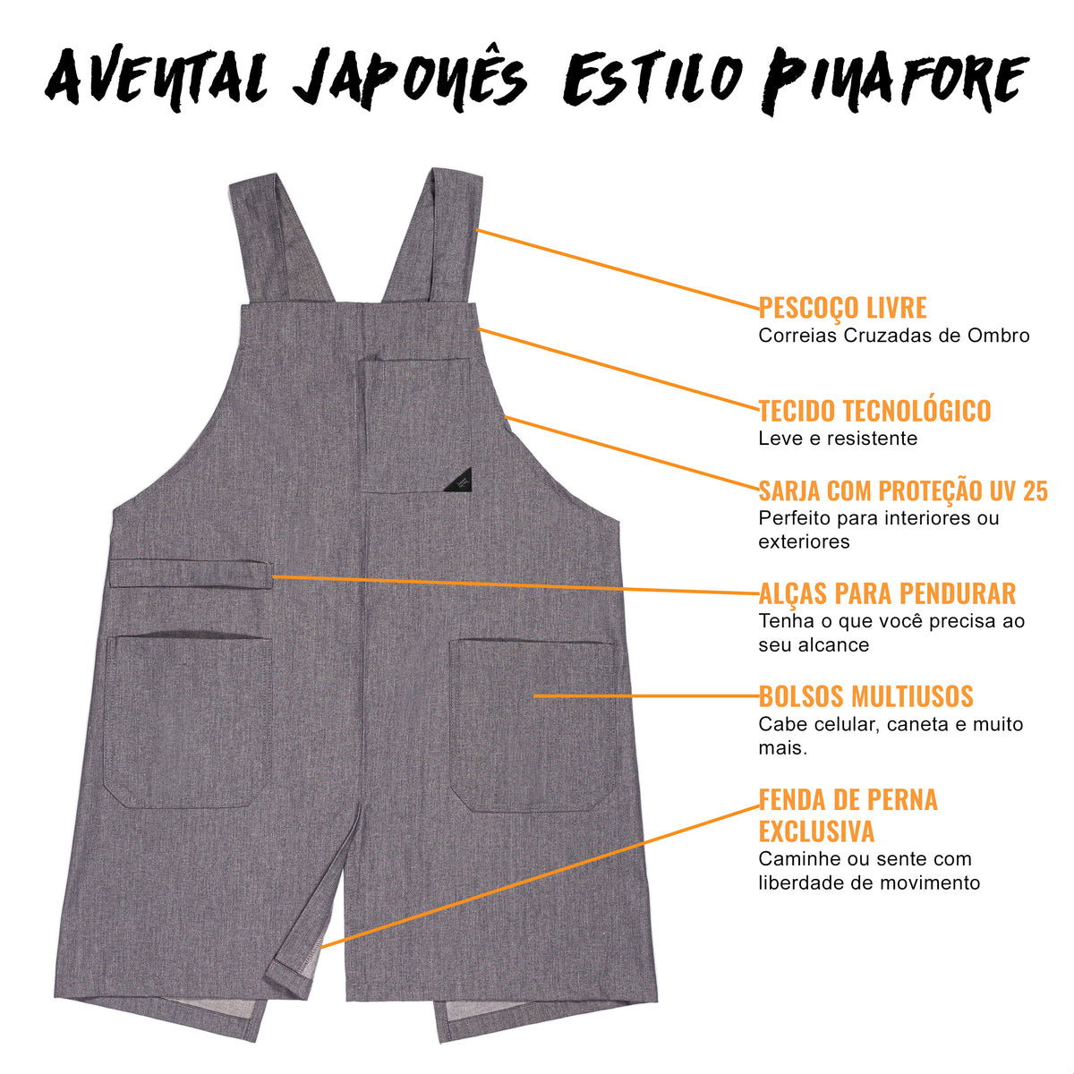 Avental Estilo Japonês - Alças Cruzadas, 3 bolsos, Sem Laços - Cozinha, Jardim, Escola, Arte -  Under NY Sky