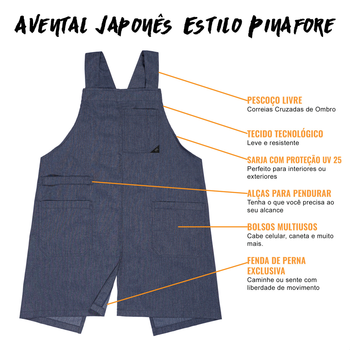 Avental Estilo Japonês - Alças Cruzadas, 3 bolsos, Sem Laços - Cozinha, Jardim, Escola, Arte -  Under NY Sky