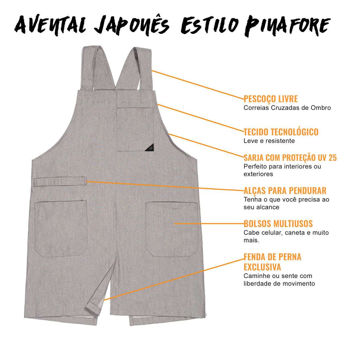 Avental Estilo Japonês - Alças Cruzadas, 3 bolsos, Sem Laços - Cozinha, Jardim, Escola, Arte -  Under NY Sky