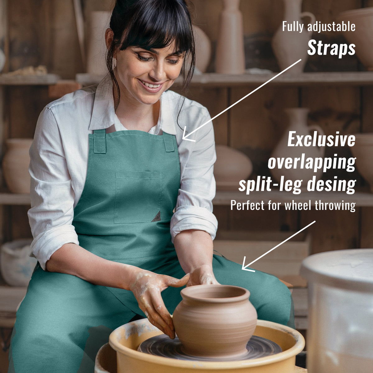 Pottery Apron - Full Cover Split-Leg, Towel Loops - for Ceramic Wheel Throwing, DIY, Painting, Potters and Clay Artists