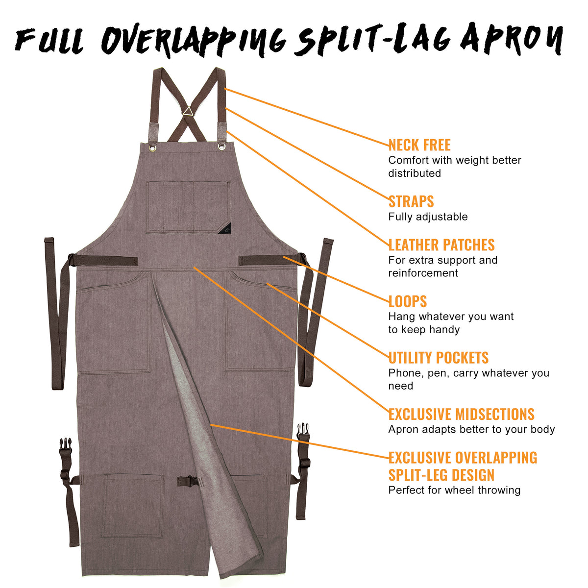 Pottery Apron – Full Split-Leg - Pro Denim &amp; Twill – Cross-back, Leather Reinforcement - Ceramics - Under NY Sky