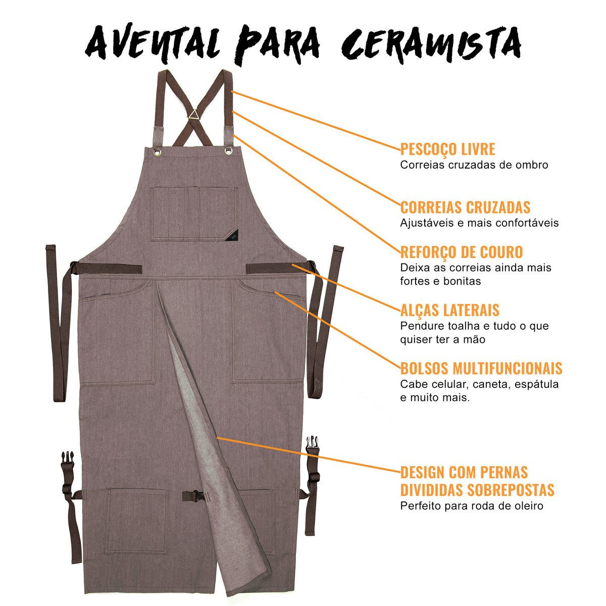 Avental para Cerâmica – Fenda de Perna – Jeans ou Sarja – Alças Cruzadas, Reforço em Couro – Ceramista -  Under NY Sky