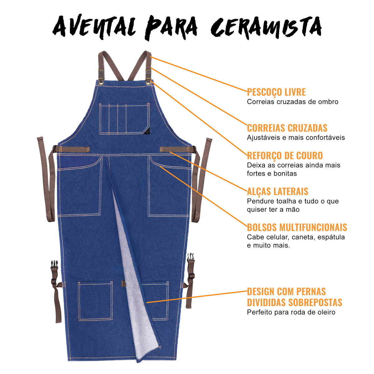 Avental para Cerâmica – Fenda de Perna – Jeans ou Sarja – Alças Cruzadas, Reforço em Couro – Ceramista -  Under NY Sky