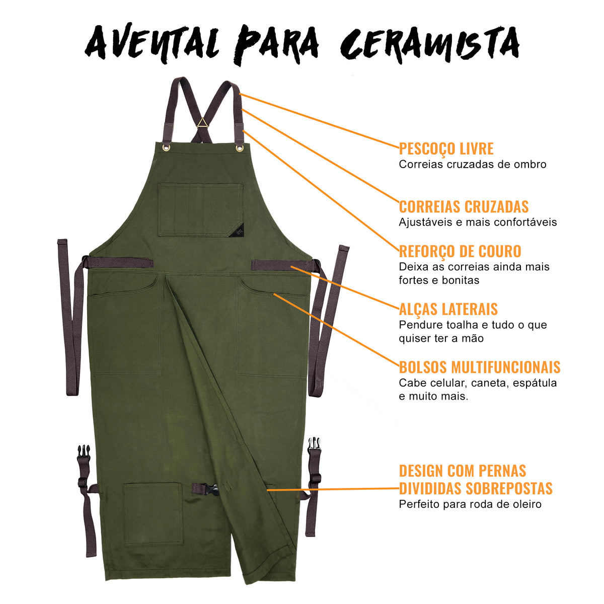 Avental para Cerâmica – Fenda de Perna – Jeans ou Sarja – Alças Cruzadas, Reforço em Couro – Ceramista -  Under NY Sky