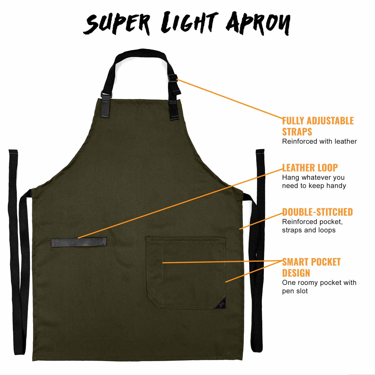 Super Light Apron - Pocket, Towel Loop, Leather Reinforcement - Kitchen Bib Apron - Cook, Chef, Server, Barista - Under NY Sky