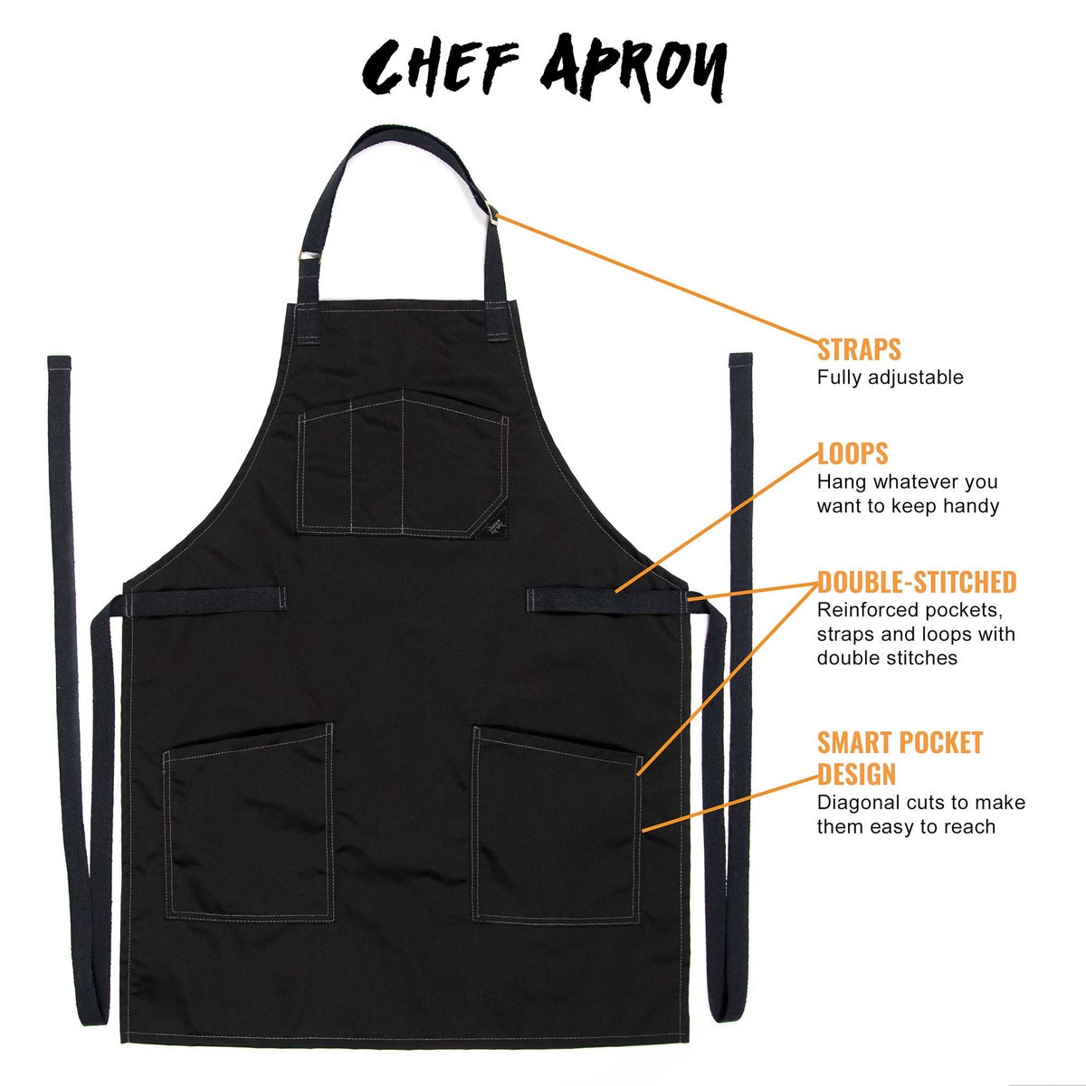 Chef Apron – Denim or Twill - Cotton Straps - Smart Pockets - Pro Chef, Cook, Barista, Bartender - Under NY Sky