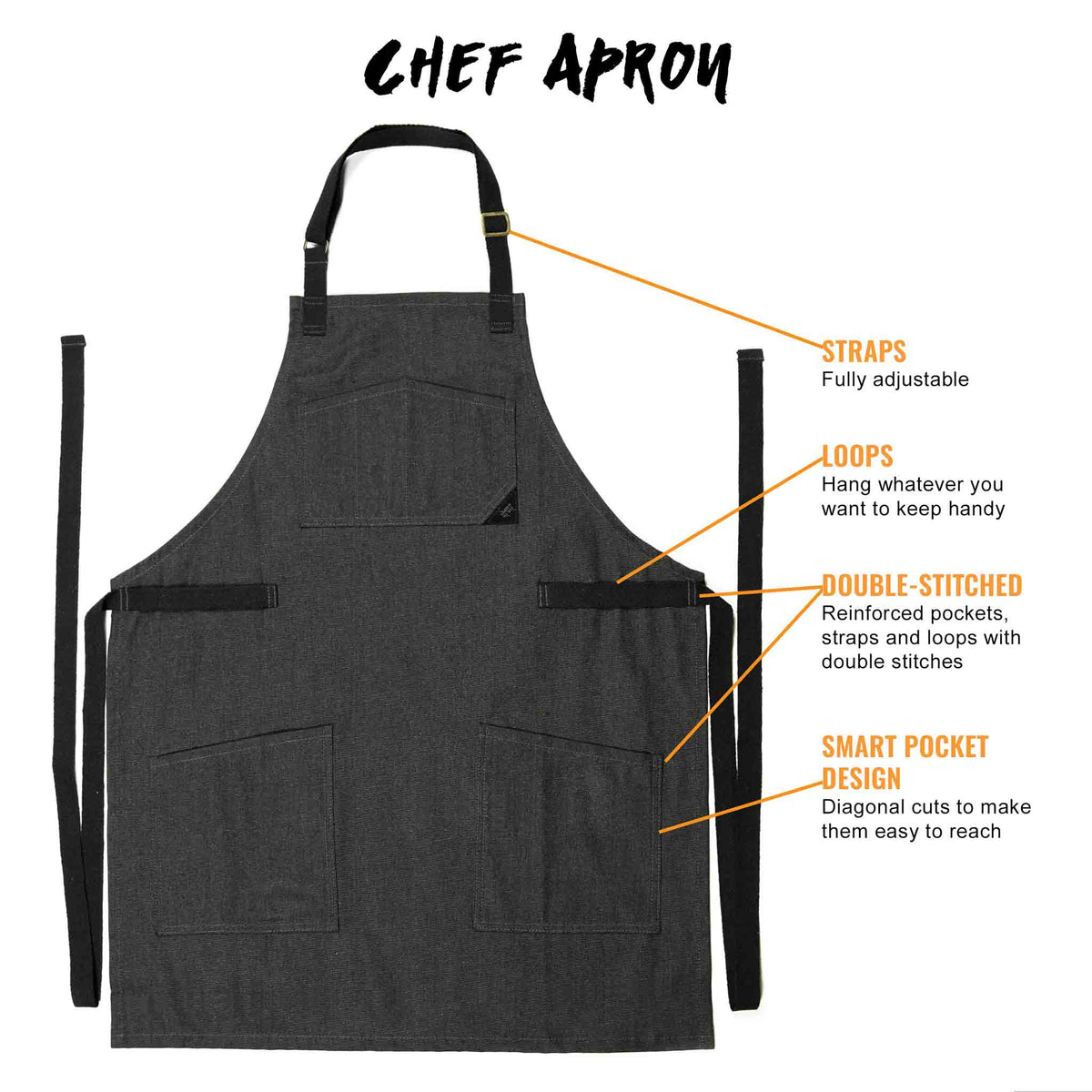 Chef Apron – Denim or Twill - Cotton Straps - Smart Pockets - Pro Chef, Cook, Barista, Bartender - Under NY Sky