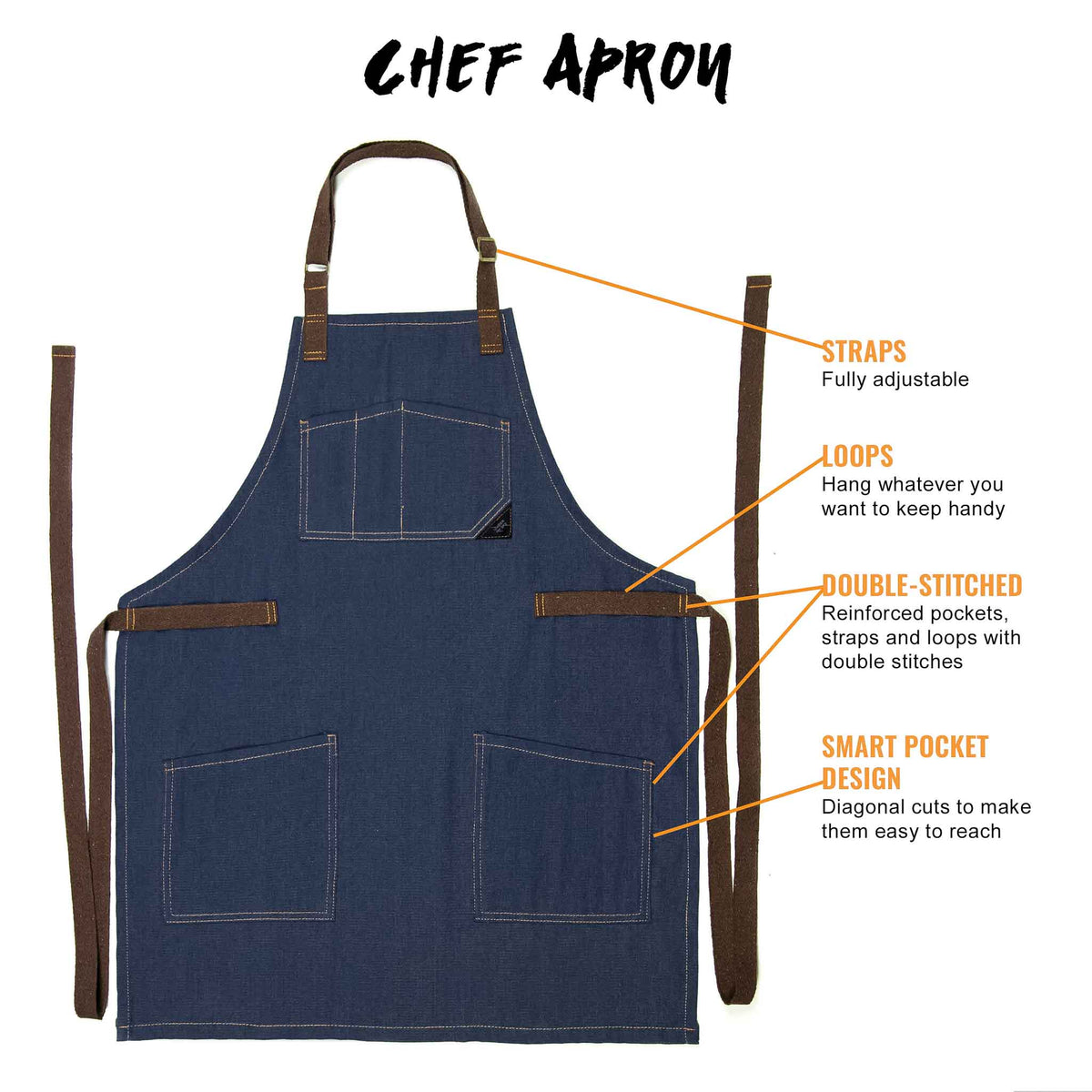 Chef Apron – Denim or Twill - Cotton Straps - Smart Pockets - Pro Chef, Cook, Barista, Bartender - Under NY Sky