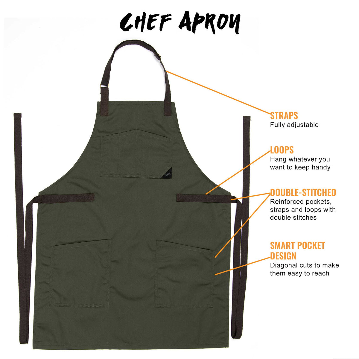 Chef Apron – Denim or Twill - Cotton Straps - Smart Pockets - Pro Chef, Cook, Barista, Bartender - Under NY Sky