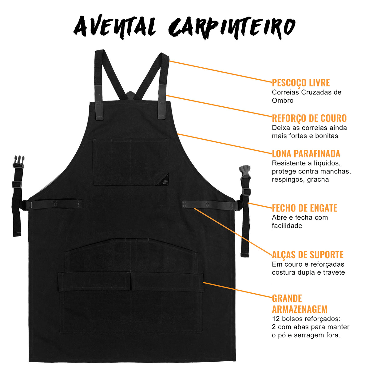 Avental de Marceneiro - 12 bolsos e Alças de Suporte, Lona Encerada, Alças Cruzadas, Reforço de Couro - Carpinteiro, Oficina, Ferramentas - Under NY Sky