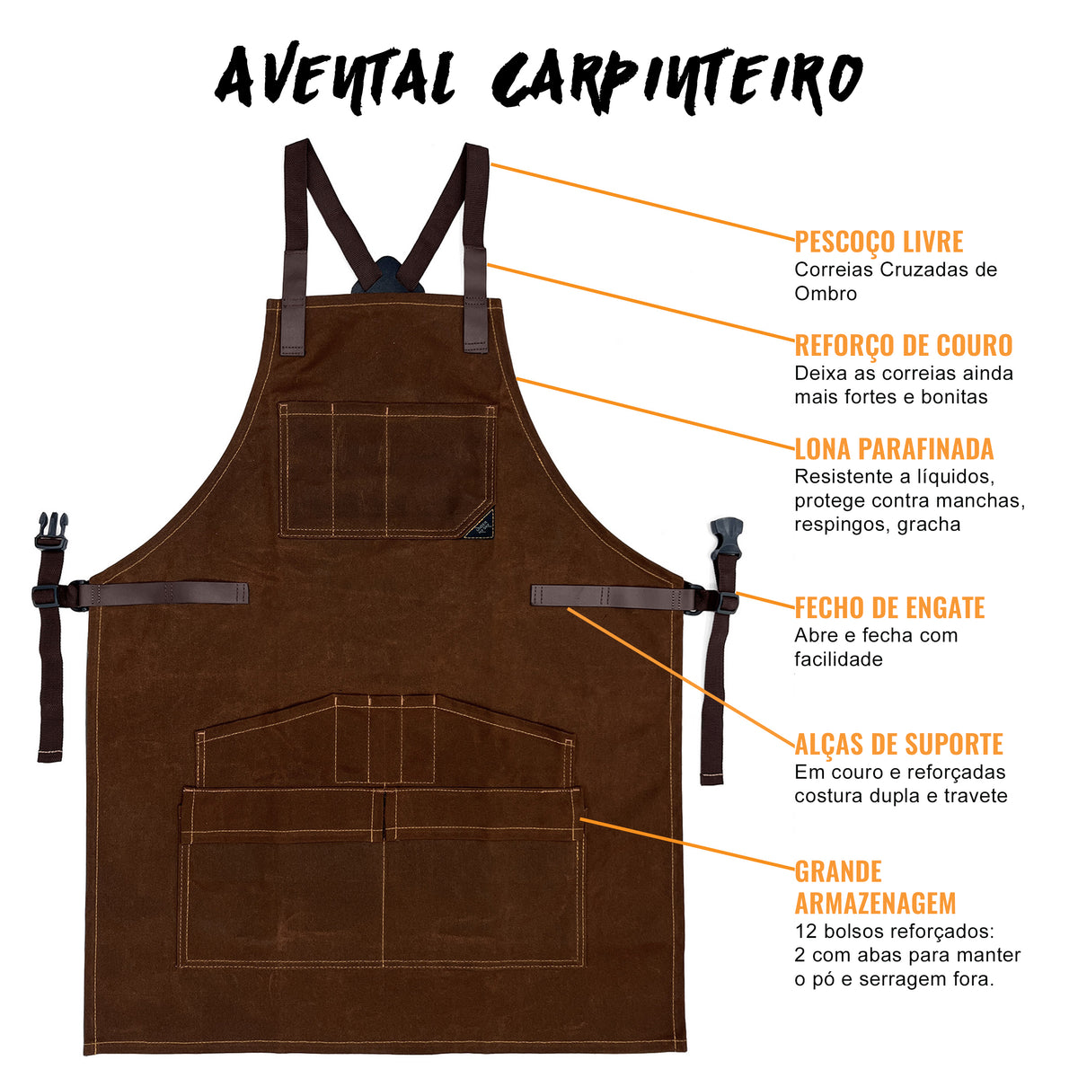 Avental de Marceneiro - 12 bolsos e Alças de Suporte, Lona Encerada, Alças Cruzadas, Reforço de Couro - Carpinteiro, Oficina, Ferramentas - Under NY Sky