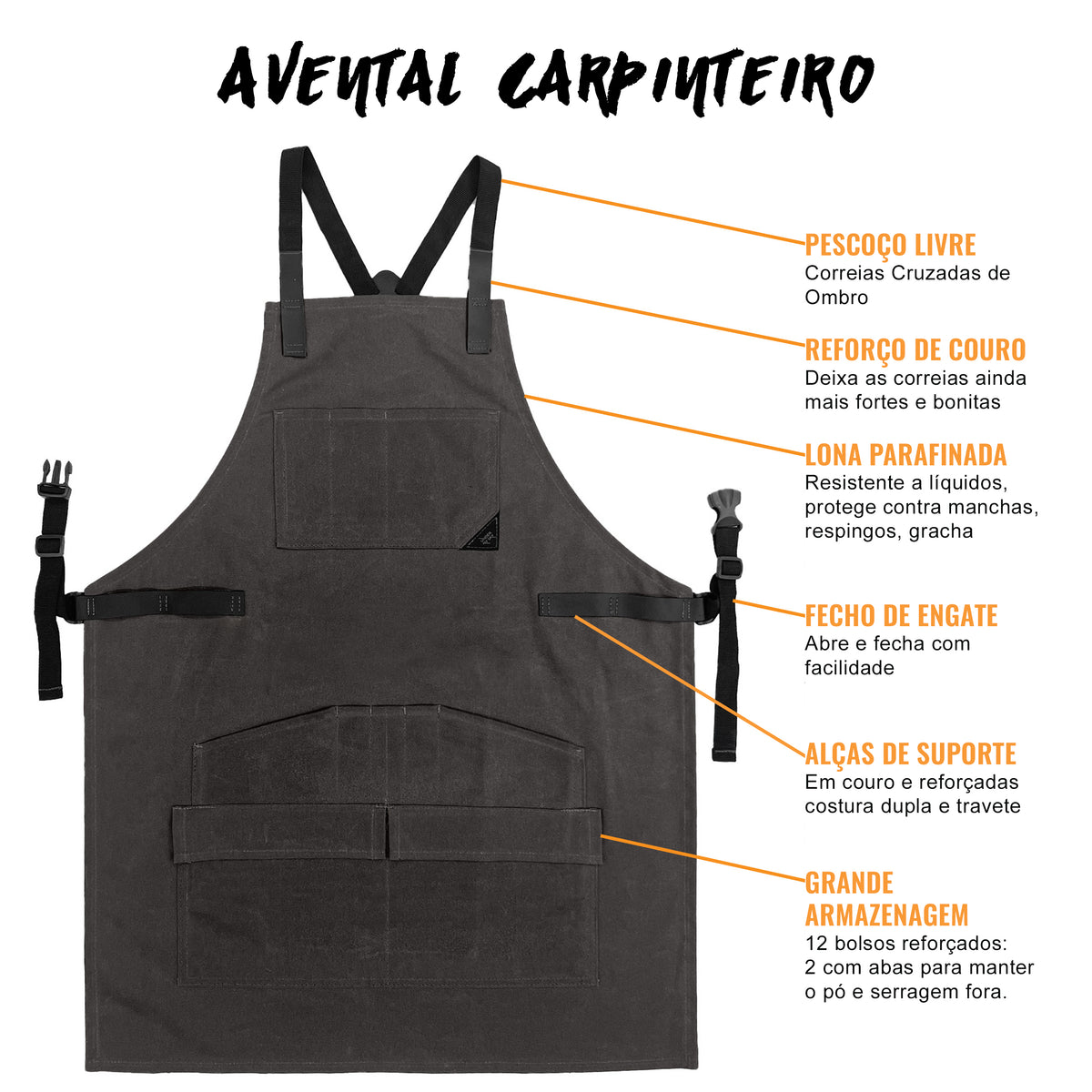 Avental de Marceneiro - 12 bolsos e Alças de Suporte, Lona Encerada, Alças Cruzadas, Reforço de Couro - Carpinteiro, Oficina, Ferramentas - Under NY Sky