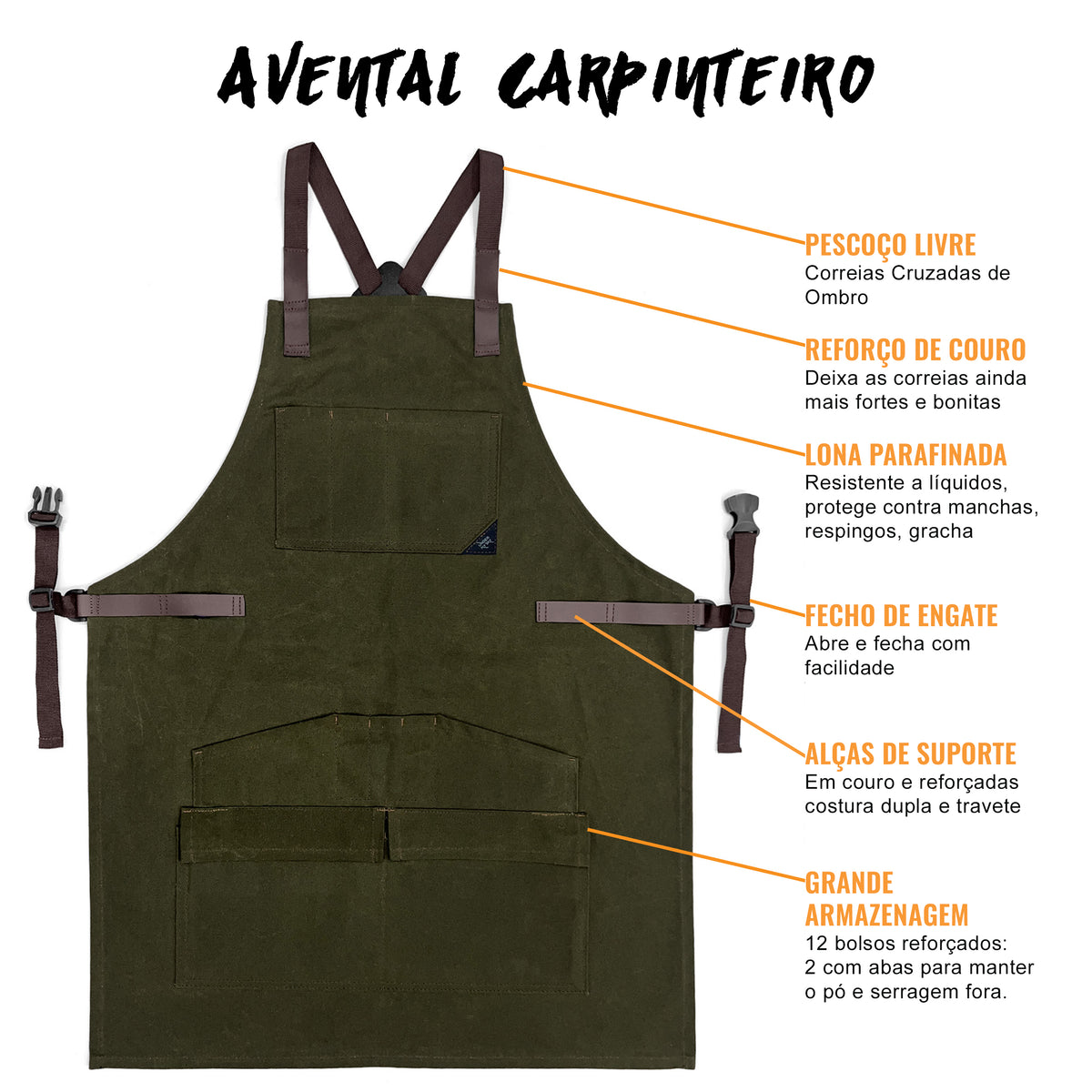 Avental de Marceneiro - 12 bolsos e Alças de Suporte, Lona Encerada, Alças Cruzadas, Reforço de Couro - Carpinteiro, Oficina, Ferramentas - Under NY Sky