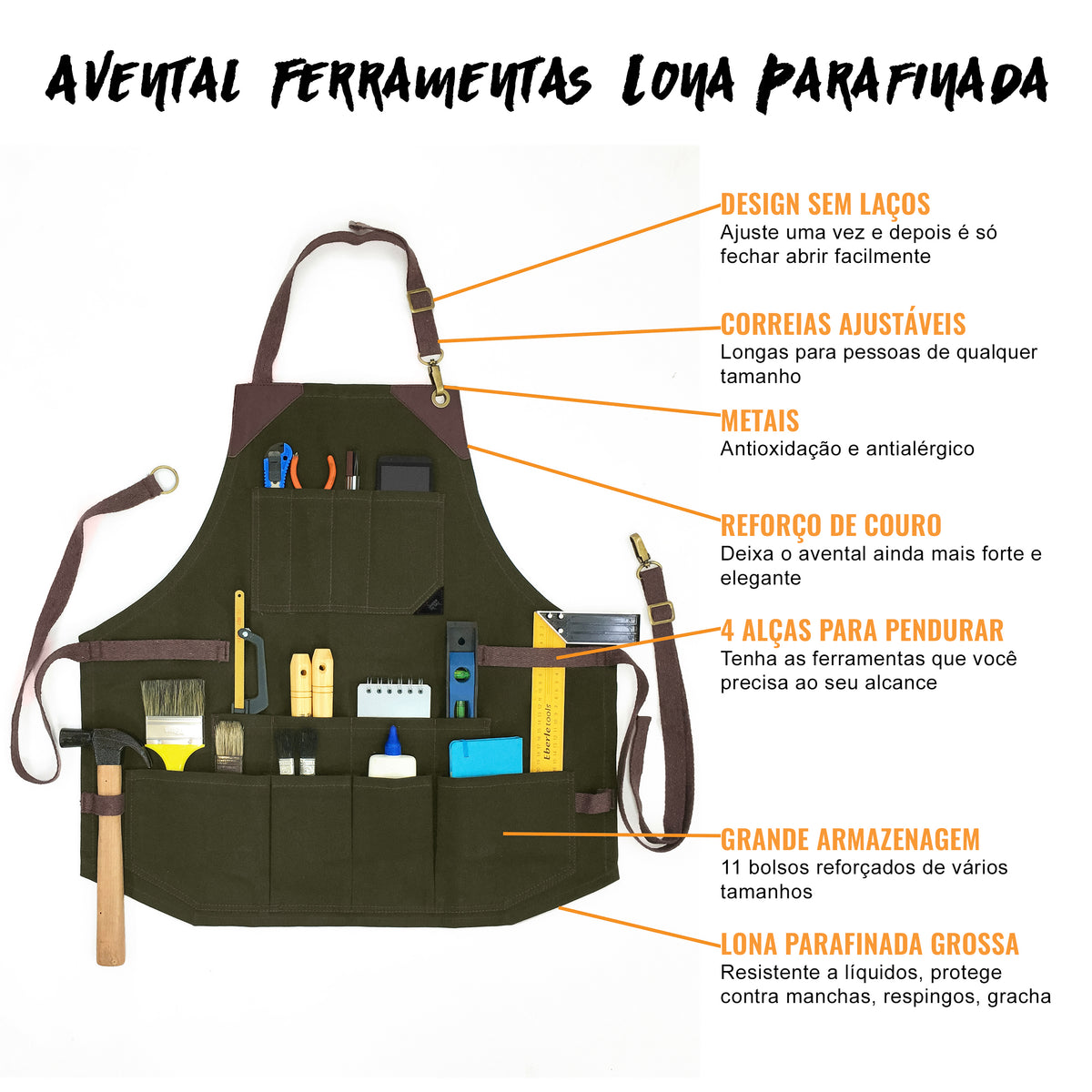 Avental de Ferramentas - 12 Bolsos, Lona Encerada Resistente, Reforço em Couro, Sem laços - Carpinteiro, Jardim, Comércio - Under NY Sky