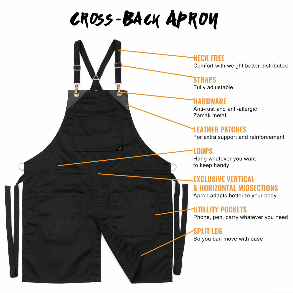 Chef Aprons - CrossBack, Leather Trim, Split - Chef, Bartender, BBQ, Shop, Barber, Salon - Under NY Sky