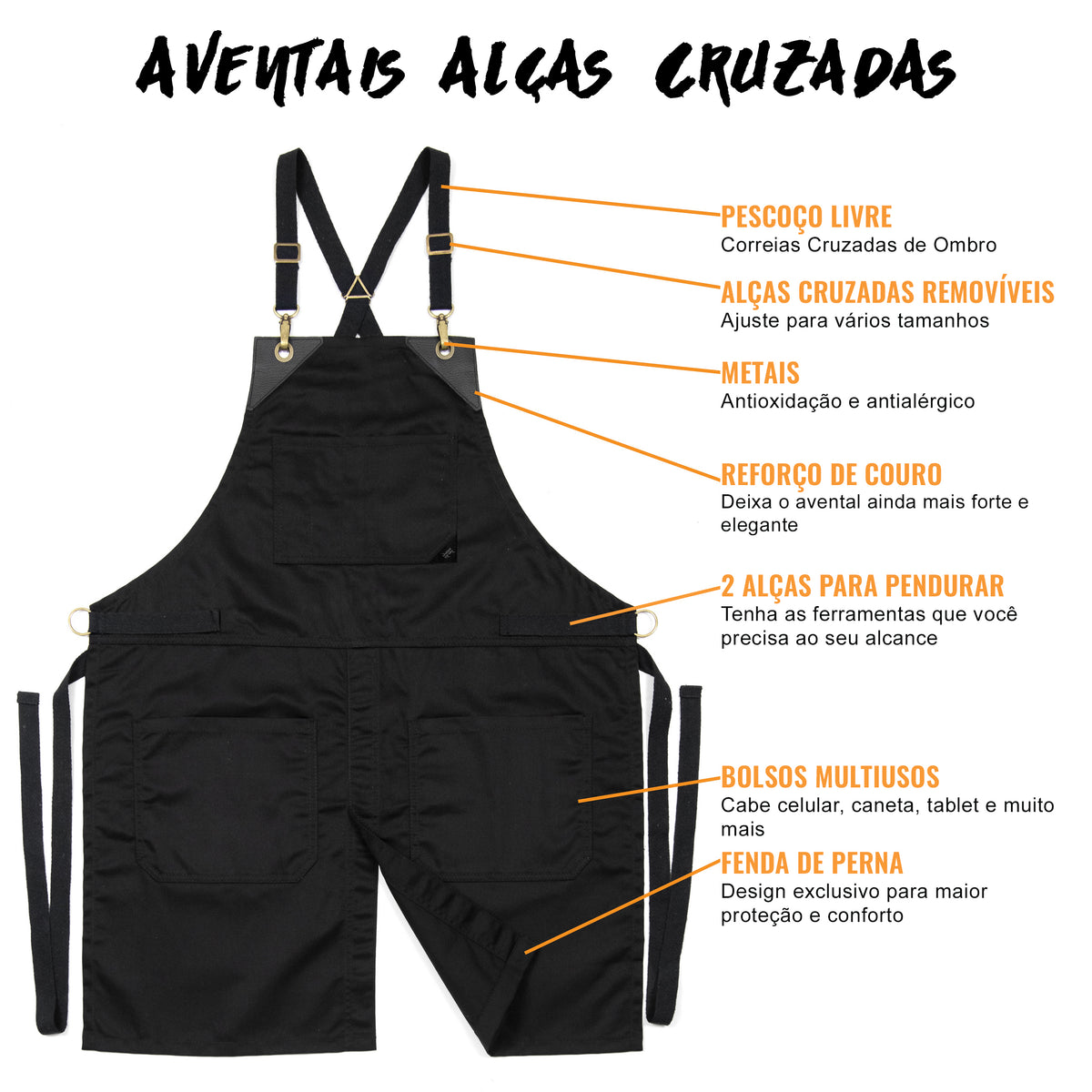 Aventais para Chef – Alças Cruzadas, Acabamento em Couro, Fenda de Perna – Chef, Bartender, Churrasco, Loja, Barbeiro, Salão - Under NY Sky