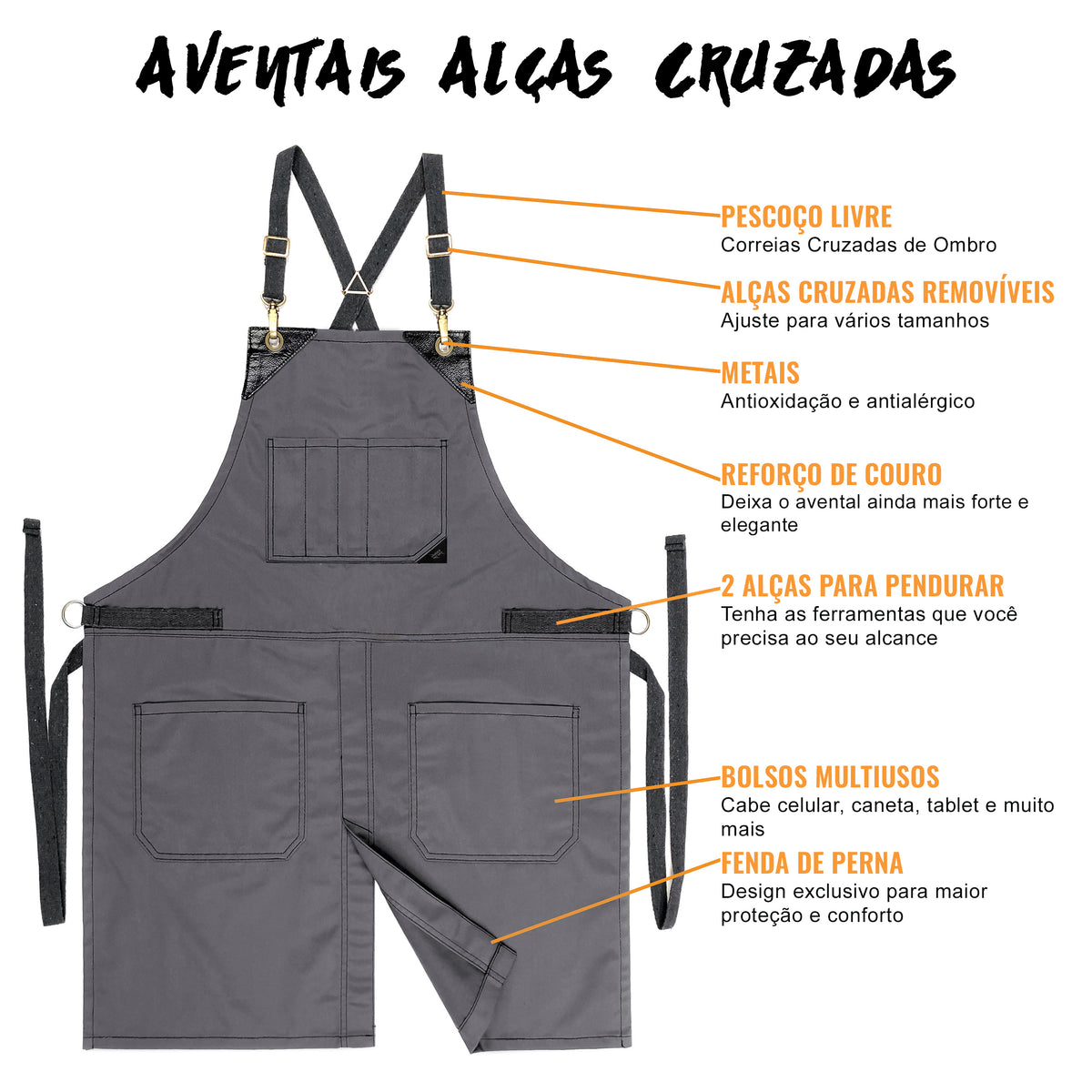 Aventais para Chef – Alças Cruzadas, Acabamento em Couro, Fenda de Perna – Chef, Bartender, Churrasco, Loja, Barbeiro, Salão - Under NY Sky